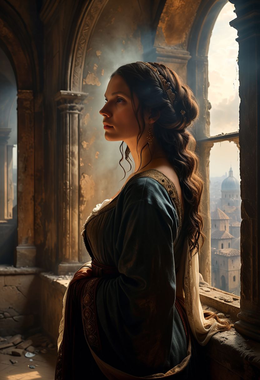 ((masterpiece, best quality, high quality, highres, ultra-detailed)), (oil painting:0.1),  (best quality, 8K, high resolution, extreme detail, outstanding composition:1.4), art by Jeremy Mann, dramatic light, aesthetic of hard - edge painting:0.1), a low-key digital painting depicting Mona Lisa sitting in her castle, holding an audience. The room is dusty, with rays of light cutting through the gloom, creating a moody atmosphere. Mona Lisa watches city siege from a window in her castle, her expression both powerful and contemplative. The room is detailed, with intricate Roman architecture and subtle hints of luxury and decay. Capture the intrigue and drama of ancient Rome in this captivating and detailed artwork, low key portrait, half of face illumated, glimmer in her eye, moody portrait, dust in the air. Constantinople is about to be lost. Wellingtons, full body, oil on canvas, (ivan aivazovsky:0.1), (best quality, high resolution, extreme detail, outstanding composition, masterpiece:1.4), award winning, (aesthetic of conceptual art with volcanic atmosphere:0.5), screen space reflections (ssr), absolute sharpness, f/11, symmetry and balance, distinctive breathtaking magnum with delicate details, epic shot, action shot, moody picture,