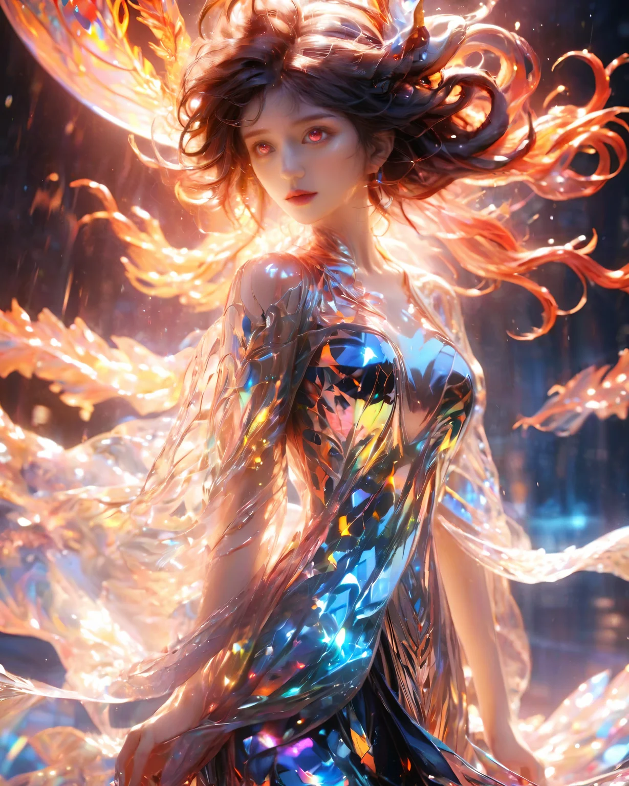 (super clear picture quality:1.8),masterpiece,best quality,
ultra-realistic mix fantasy,flood dragon,a mythical creature capable of invoking storms and floods,in the style of dark azure and light azure,mixes realistic and fantastical elements,vibrant manga,uhd image,glassy translucence,vibrant illustrations,ultra realistic,jewelly,shawls,light In eyes,red eyes,firefly,bokeh,mysterious,fantasy,cloud,abstract,colorful background,night sky,flame,very detailed,high resolution,sharp,sharp image,4k,8k,masterpiece,best quality,magic effect,(high contrast:1.4),dream art,diamond,mysterious colorful background,dark blue themes,real,<lora:xl-holographic-å
¨æ¯V20:0.6>,holographic,an oriental dragon,inhuman,holographic metal,machine,<lora:ä¸äº«å¤æ¨¡_v3.0:1>,<lora:ä¸äº«ç¹æ_XL_LORA_v3.0:0.5>,<lora:ä¸äº«å¤æ¨¡_v3.0:0.35>,the perfect hand,perfect face,