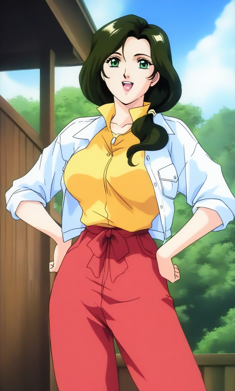general,highres, ultra-detailed,very aesthetic,best quality ,best hands, BREAK <lora:Sakurai_Sensei_Injuu_Seisen_Ver2.0_IS:1>
Sakurai_Sensei, 1girl,solo, dark green hair, long hair, green eyes, large breasts, low ponytail, lips,smile,looking at viewer, cowboy_Shot, open mouth, closed jacket, button,
Yellow shirt, white jacket, red pants, long pants, 
hands on own hip,
outdoor, day,
