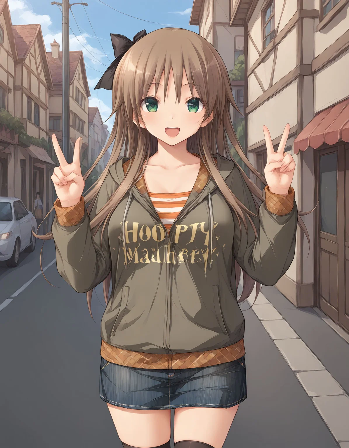 score_9, score_8_up, score_7_up, source_anime, <lora:add-detail-xl:1>, good anatomy, completely anatomy, good hand,
BREAK 1girl, standing, smile, opened mouth, teeth, hands up, double v, outdoor, town street,
BREAK <lora:arisu-toriumi_Hapymaher_Purple_Software:0.9> arisu-toriumi, brown hair, long hair, hair ribbon, black ribbon, green eyes, large breasts,
BREAK outfit01, hooded jacket, orange striped shirt, skirt, denim, denim skirt, mini skirt, black kneehighs,