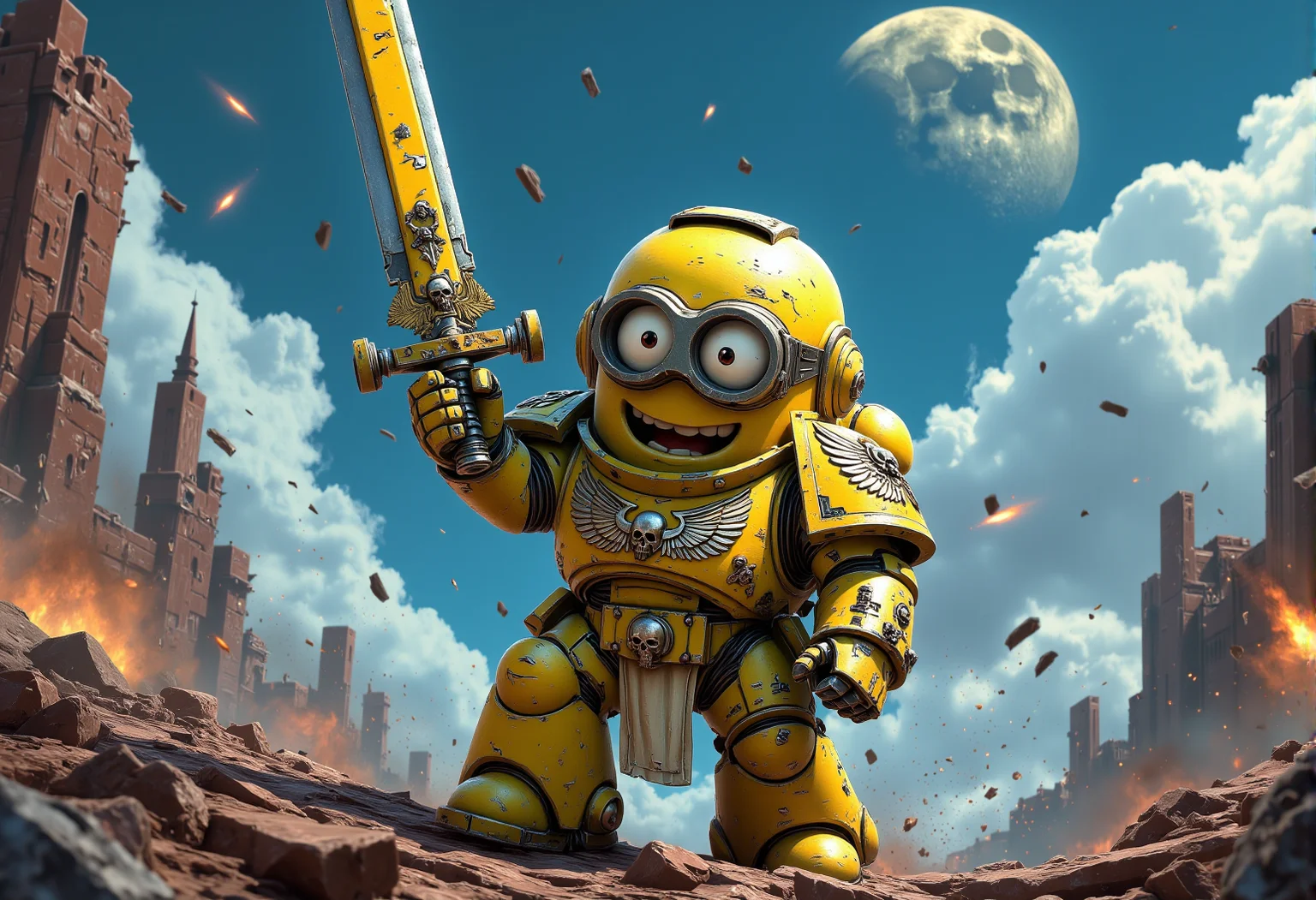space marine. A short Minion dressed in battle-worn Space Marine armor, chipped but proudly showing Minion insignia and banana-themed purity seals. The Minion is without a helmet (no helmet:2.0), showcasing their iconic Minion goggles, expressive eyes, and wide smile. The Minion is wielding a relic blade with etched Minion logos and banana-colored highlights. The Minion is depicted in a scene such as: standing triumphantly on a pile of rubble, raising a chainsword high, banana insignia glinting in the light. The Minion's expression is shouting fiercely with eyes wide, adding to the comical feel. The scene should be depicted in a colorful but gritty Warhammer 40k style, with bright yellows and blues to emphasize the Minionsâ classic color scheme. The armor and weapons are detailed with ornate designs, but humor is maintained through Minion-themed accessories and comical touches. Witty details include: a bolter adorned with stars and banana stickers, clearly personalized by the Minion. Background elements should resemble classic Warhammer 40k settings but with a humorous Minion twist, such as: a moon in the sky shaped like a banana, casting a surreal but unmistakably funny glow over the battlefield. , <lora:sm2.safetensors:1.0:1.0>