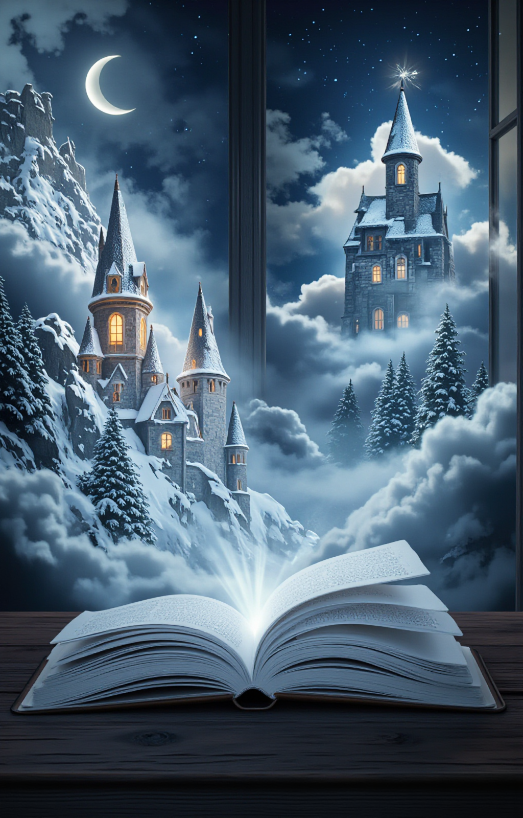 digital artwork depicting a fantastical scene in which an open book lies on a dark wooden table, its pages filled with a snowy landscape. The book's pages are detailed, with a faint text visible. Surrounding the book, a magical, ethereal scene unfolds. On the left, a castle with tall, intricately detailed turrets emerges from the pages, its walls and windows glowing with a warm, golden light. To the right, another castle rises, its spires and towers also illuminated., 
In the background, a crescent moon with a bright, glowing center hangs in the night sky, casting a soft, blue light over the scene. The sky is filled with stars, adding to the dreamlike quality. Clouds swirl around the castles, blending seamlessly into the pages of the book. The overall color palette is dominated by cool blues, whites, and grays, creating a serene and mystical atmosphere. The detailed textures of the castles, the soft, fluffy snow, and the intricate design of the book pages enhance the magical realism of the scene. The setting appears to be an old library, with the window on the right showing a glimpse of a starry night outside., <lora:aidmaImageUpraderv0.3:0.4>, aidmaimageupgrader, <lora:diffusion_pytorch_model:1>, <lora:aidmaMJ6.1_v0.5_3:0.7>, aidmaMJ6.1, ultra quality, ultra detailed, intricate details