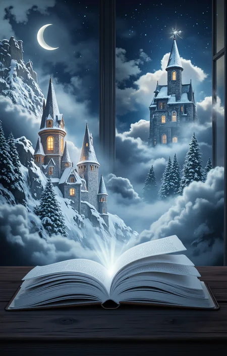 digital artwork depicting a fantastical scene in which an open book lies on a dark wooden table, its pages filled with a snowy landscape. The book's pages are detailed, with a faint text visible. Surrounding the book, a magical, ethereal scene unfolds. On the left, a castle with tall, intricately detailed turrets emerges from the pages, its walls and windows glowing with a warm, golden light. To the right, another castle rises, its spires and towers also illuminated.,
In the background, a crescent moon with a bright, glowing center hangs in the night sky, casting a soft, blue light over the scene. The sky is filled with stars, adding to the dreamlike quality. Clouds swirl around the castles, blending seamlessly into the pages of the book. The overall color palette is dominated by cool blues, whites, and grays, creating a serene and mystical atmosphere. The detailed textures of the castles, the soft, fluffy snow, and the intricate design of the book pages enhance the magical realism of the scene. The setting appears to be an old library, with the window on the right showing a glimpse of a starry night outside., <lora:aidmaImageUpraderv0.3:0.4>, aidmaimageupgrader, <lora:diffusion_pytorch_model:1>, <lora:aidmaMJ6.1_v0.5_3:0.7>, aidmaMJ6.1, ultra quality, ultra detailed, intricate details