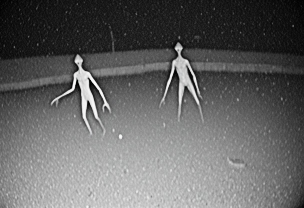 aliencctvlora, black and white nighttime cctv footage of two thin gray aliens skulking around the backyard of a suburban home, (thin bodies:1.2), (big bulbous heads:1.4), tall, long thin arms, thin fingers, long thin necks, (big black eyes:1.4), realistic, grainy cctv, dark footage, dynamic action, candid, olddigitalcamera, raw, light leak, film grain, (jpeg artifacts:0.5), low res