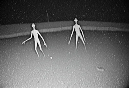 aliencctvlora, black and white nighttime cctv footage of two thin gray aliens skulking around the backyard of a suburban home, (thin bodies:1.2), (big bulbous heads:1.4), tall, long thin arms, thin fingers, long thin necks, (big black eyes:1.4), realistic, grainy cctv, dark footage, dynamic action, candid, olddigitalcamera, raw, light leak, film grain, (jpeg artifacts:0.5), low res