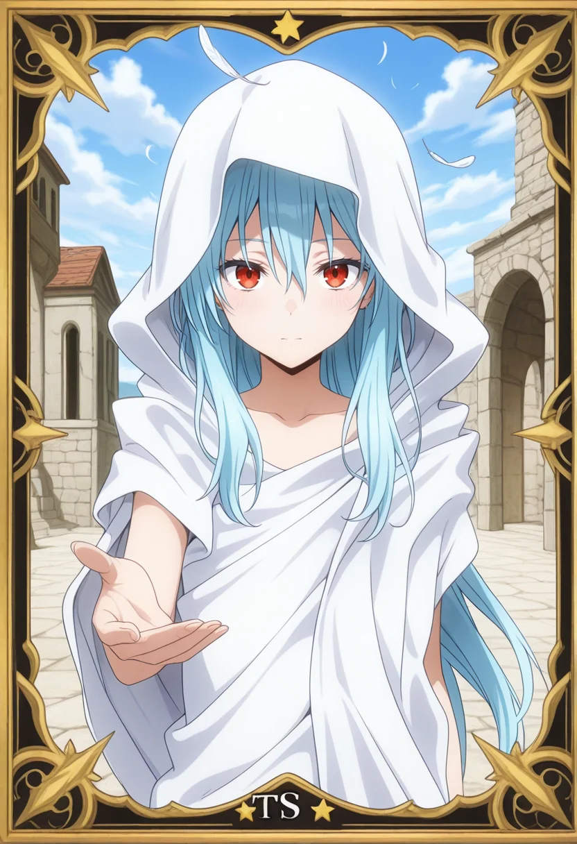 masterpiece, amazing quality, colorful, <lora:raphael-v1-000009:1> ts-raphael, 1other, white hooded_robe, right bare shoulders, red eyes, falling feathers, androgynous, reaching towards viewer, (aged up:0.5), upper body, card \(medium\),