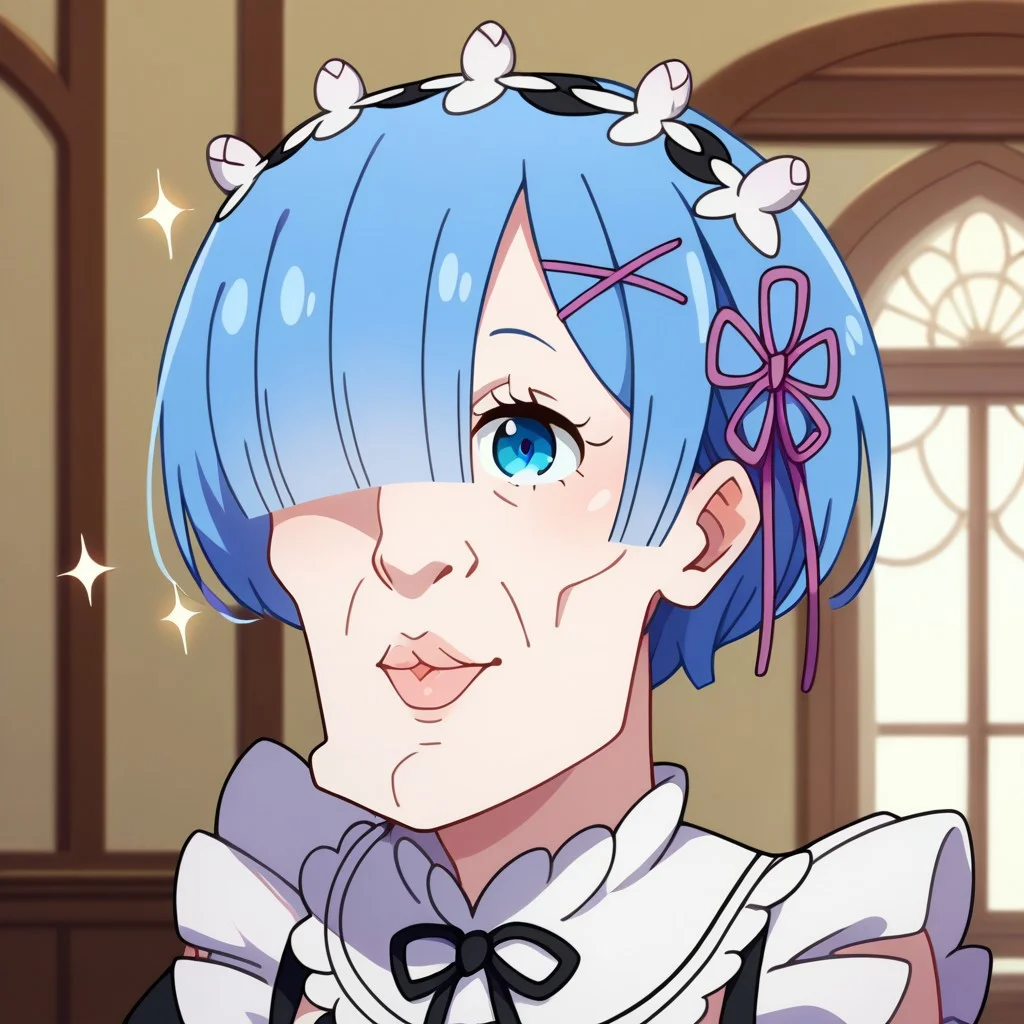 score_9, score_8_up, score_7_up, BREAK <lora:handsomize_x_pdxl_v1:1> handsomize, sparkle, Rem, Rem_(rezero), maid uniform, blue hair, blue eyes, hair over one eye, half-closed_eyes, soft smile