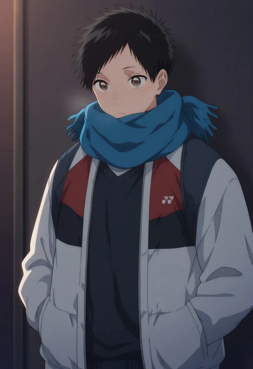 masterpiece,best quality,amazing quality,
taikinomata,
1boy, male focus, solo, brown eyes, black hair, short hair, scarf, blue scarf, jacket, multicolored jacket,