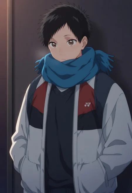 masterpiece,best quality,amazing quality,
taikinomata,
1boy, male focus, solo, brown eyes, black hair, short hair, scarf, blue scarf, jacket, multicolored jacket,