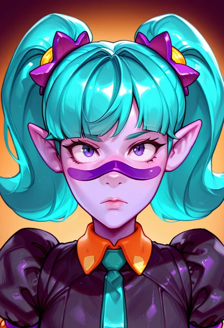 masterpiece, best quality, very aesthetic, absurdres, brawl_stars, 1girl, solo, Emz_harajuku(purple skin, aqua hair, twintails, bangs, (purple band on nose:1.4) ,nose covered, ponty ears, elf ear, black dress), portrait, <lora:small_Yo0001_Illust:1>, <lora:Smooth_Booster:0.25>, <lora:AKinuNishimura_Style:0.6>, <lora:Emz_harajuku:0.8>
