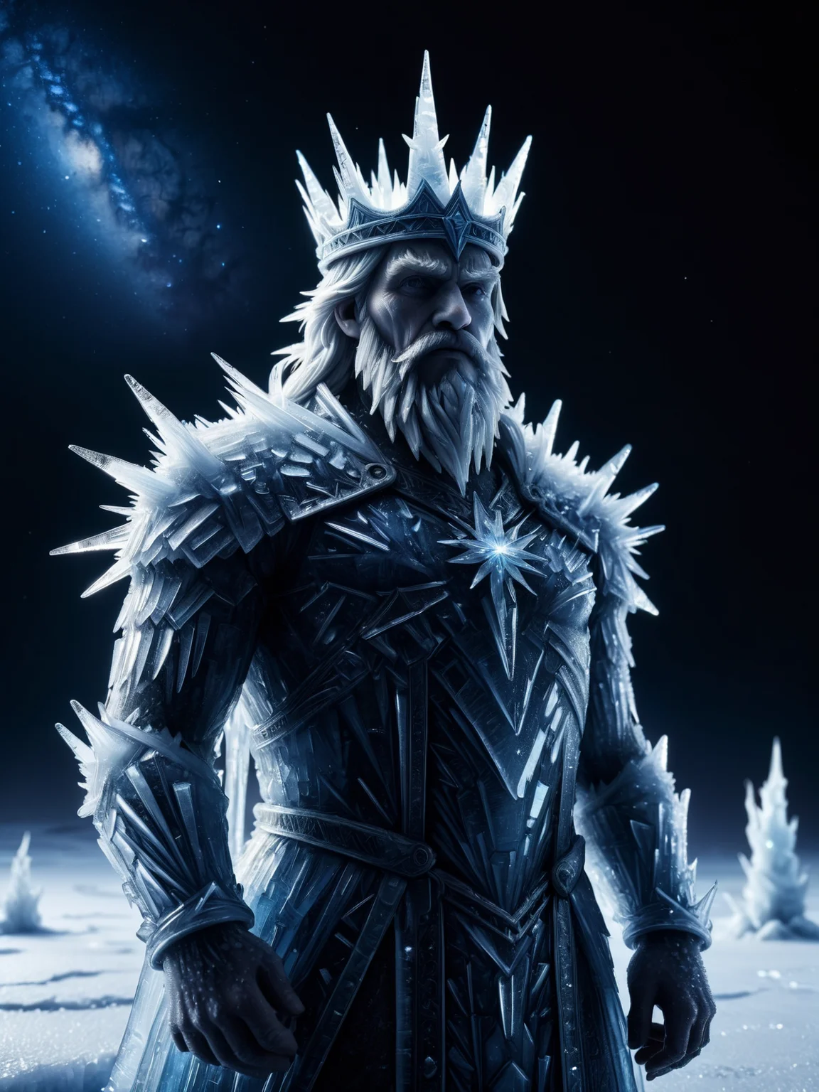 the ice king covered in mad-ice, snow covered landscape, cinematic shot, stary night sky, <lora:Ice_SDXL:0.8>, (masterpiece:1.2), best quality