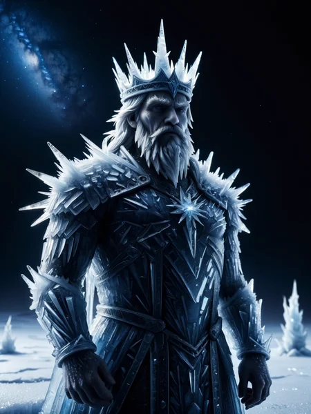 the ice king covered in mad-ice, snow covered landscape, cinematic shot, stary night sky, <lora:Ice_SDXL:0.8>, (masterpiece:1.2), best quality