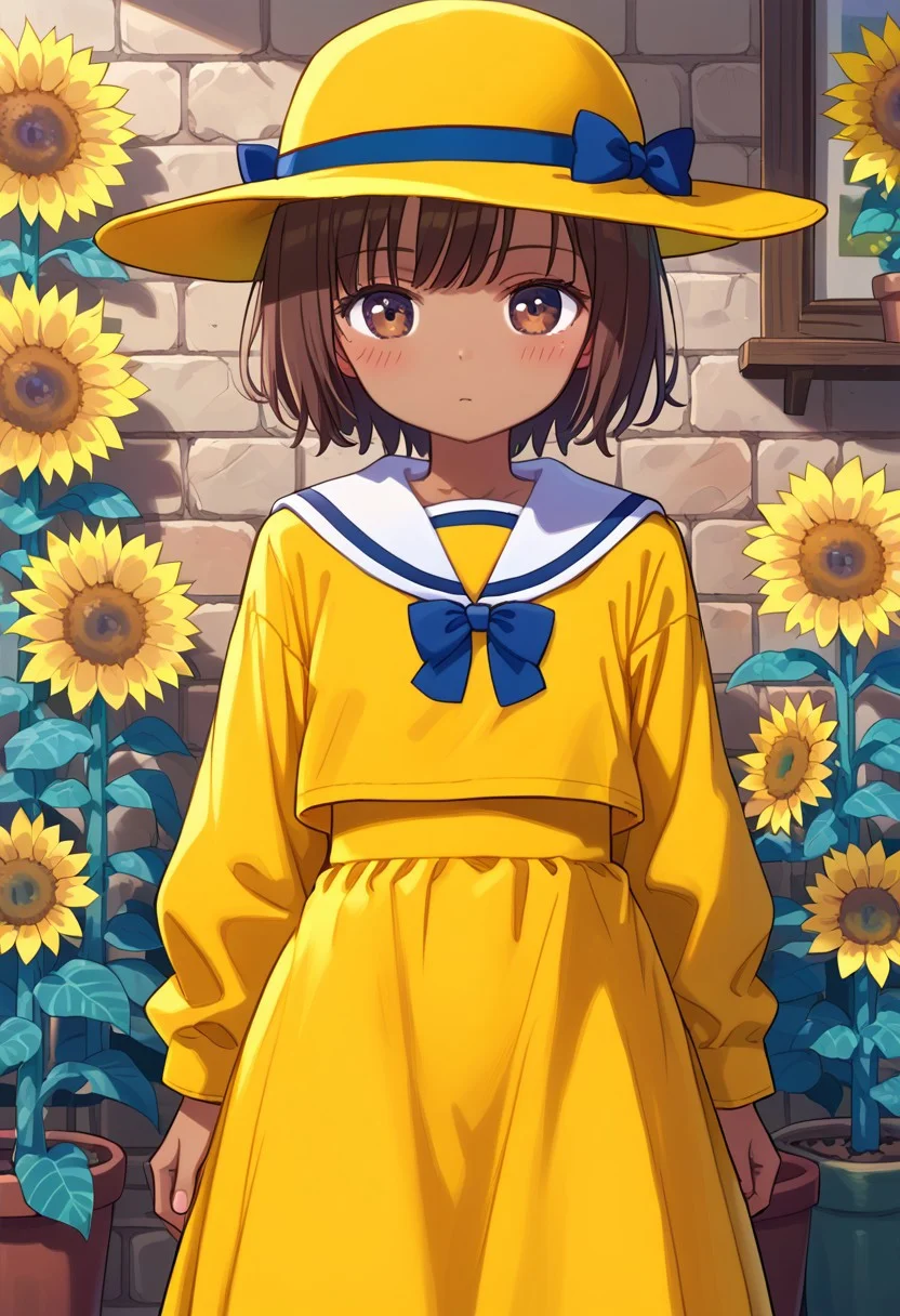 score_8, score_8_up, score_7_up, anime screenshot, source_anime, 1girl, female focus, solo, Razzy_SCS, dark-skinned female, reverse trap, brown hair, short hair, bangs, brown eyes, hat, yellow hat, hat bow, Yellow dress, belted dress, sailor collar, cowboy shot, looking at viewer, blush, indoors, potted plant, sunflower, flowers, stone wall,