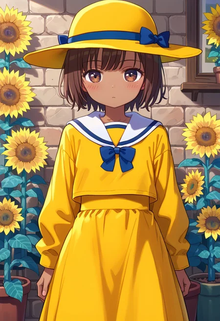 score_8, score_8_up, score_7_up, anime screenshot, source_anime, 1girl, female focus, solo, Razzy_SCS, dark-skinned female, reverse trap, brown hair, short hair, bangs, brown eyes, hat, yellow hat, hat bow, Yellow dress, belted dress, sailor collar, cowboy shot, looking at viewer, blush, indoors, potted plant, sunflower, flowers, stone wall,