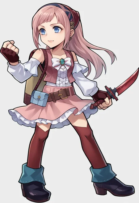 score_9, score_8_up, score_7_up, source_anime BREAK 1girl, solo,
<lora:zs_OperaOmniaStyleXL:1> operaomniastyle, full body, white background
 <lora:felicia-fe-richy-v1_xl:1> feliciapicnic, pink hair, ponytail, blue eyes, bandana, bow, sleeveless, detached sleeves, belt, skirt, red thighhighs, fingerless gloves, backpack, holding, knife