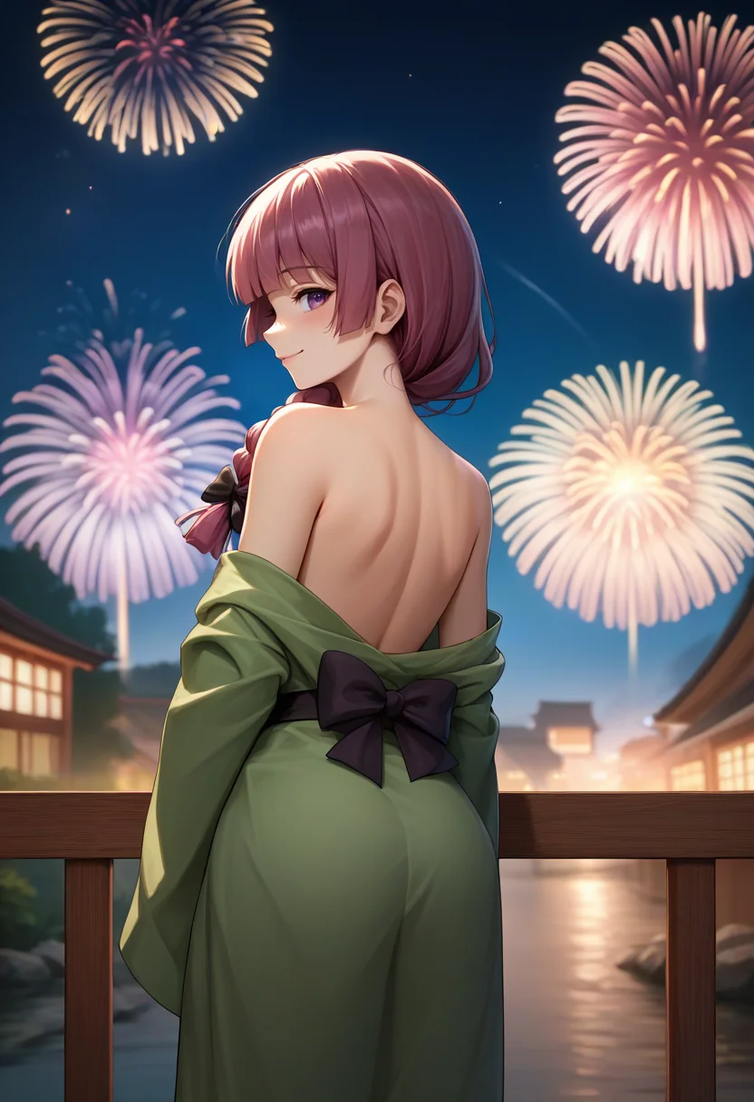 score_9, score_8_up, score_7_up, source_anime, from behind, solo, 1girl, hiroi kikuri, smile, looking back, single braid, hair bow, purple eyes, green kimono, off shoulder, bare shoulders, fireworks <lora:bocchi_hiroi_ponyXL:1>