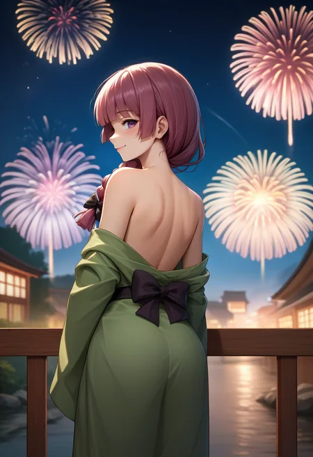 score_9, score_8_up, score_7_up, source_anime, from behind, solo, 1girl, hiroi kikuri, smile, looking back, single braid, hair bow, purple eyes, green kimono, off shoulder, bare shoulders, fireworks <lora:bocchi_hiroi_ponyXL:1>