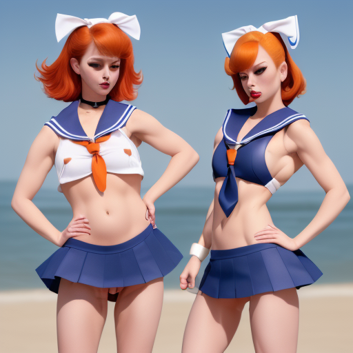 sailor collar, cutoffs, clitoris piercing, orange hair, hands on hips, necktie, masturbation, bottomless, magical girl, public nudity, sleeveless, cheerleader, sports bra, miniskirt, female pubic hair, center opening, beach, lipstick, brown hair, wristwatch, standing split, from below, unzipped, detached collar, kneepits, forehead, clothing aside, swimsuit, watercraft