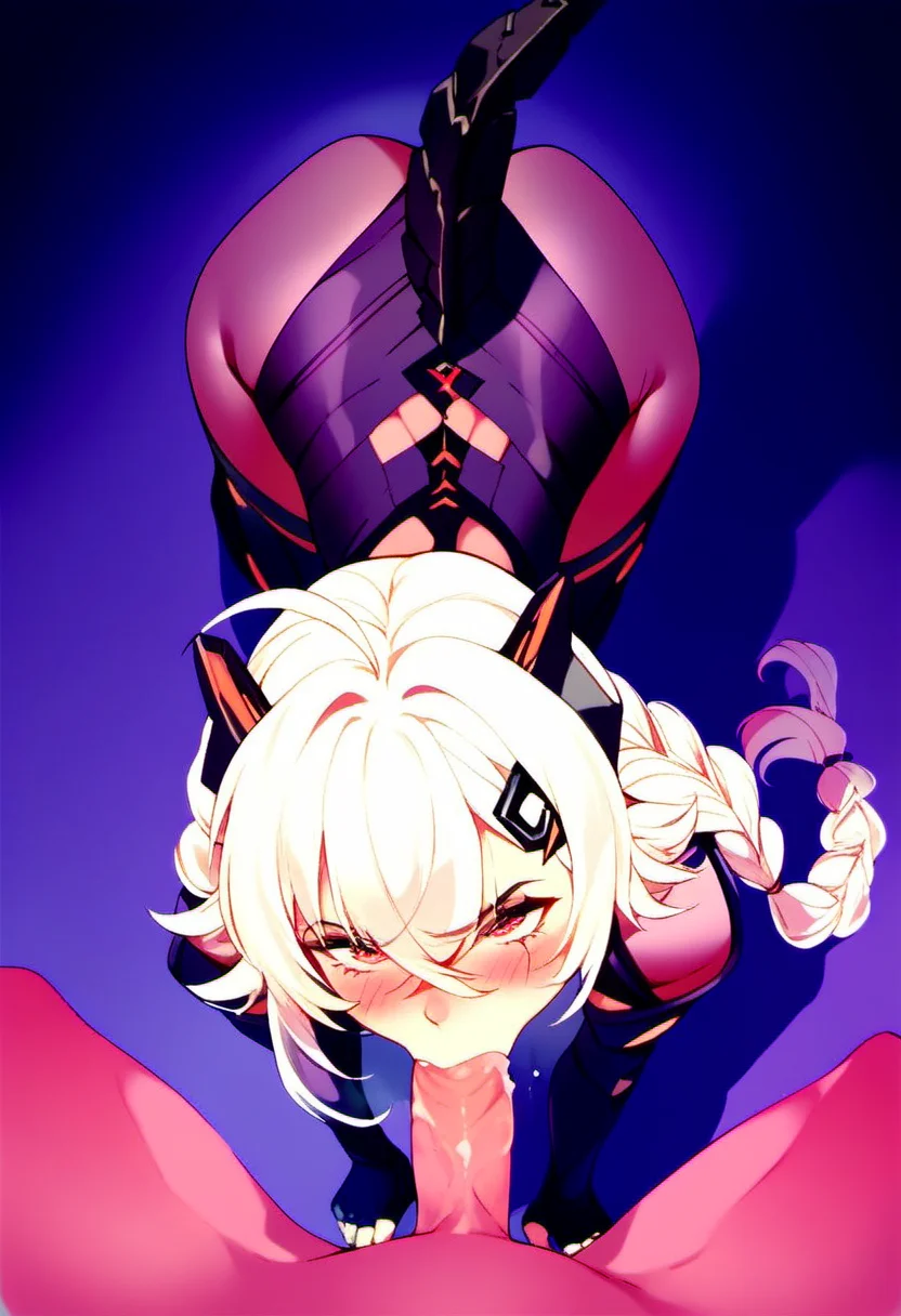 source_ cartoon, <lora:Saruei_for_PonyXL:1>, saruei, 1girl, mechanical tail, penis, 1boy, hetero, uncensored, black nails, precum, tail, solo focus, braid, erection, ass, gloves, ahoge, hair between eyes, nail polish, bangs, fingerless gloves, blush, mechanical ears, bodysuit, all fours, hair ornament, blowjob, white hair, score_9, score_8_up, score_7_up, score_6_up, score_5_up, score_4_up