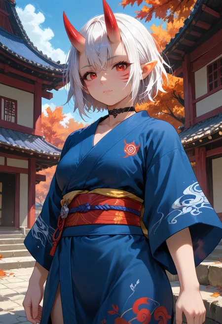 score_9, score_8_up, score_7_up, detailed background, dynamic angle, volumetric lighting godrays,perfection,perfect, 1 girl, 25 years old, perfect face, cute, petite, red eyes, white hair, short hair, messy hair, crossed bangs, hair between eye, pointy ears, black choker, (blue skin:l .2), (oni:l .2), blue oni, facial tattoo, kimono, tattoos, Japanese architecture, temple, autumn, cowboy shot, source_anime, rating_questionable,<lora:add-detail-xl:2>,<lora:hand 4:0.7>,<lora:curvature slider_last:8>,<lora:xl_more_art-full_v1:0.9>,<lora:Fant5yP0ny:0.8>,<lora:detailed_notrigger:1>,<lora:SimplePositive_XL_v1_test_AutoRunMech:2>