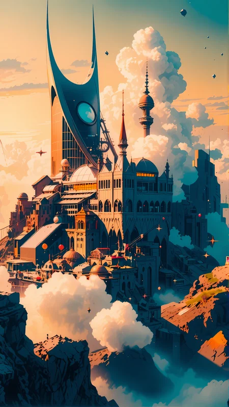 science fiction digital painting  , global illumination and godrays Gaussian Blur and Motion Blur , , smooth Hayao Miyazaki , Littoral zone, and Polar regions of Earth , , on a mountain looking down to aa warm  modern  small city  in the style of a mix between Alvaro Siza  and Bjarke Ingels ,                                                                         many small clouds, and one big clouds, and heavy fog,,   evening, few stars,               , <lora:Dreamwave_FLUX:0.9> dreamwave
