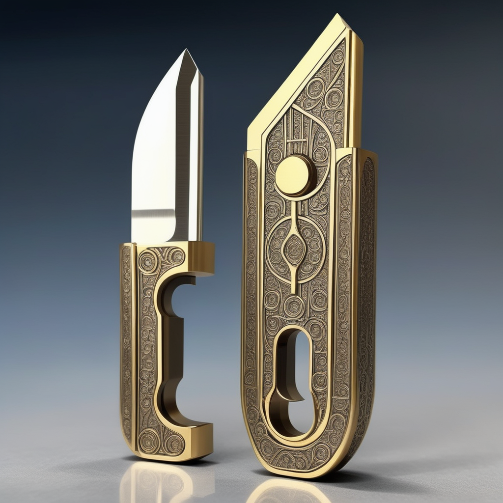 A photorealistic image of a folding knife that exudes the aura of an ancient or religious artifact. The blade should be intricately designed, possibly with engravings or symbols that suggest a mystical or sacred origin. The handle could be made of a material that looks aged or precious, like weathered bone or gold, and may include gemstone inlays or other ornate details. The knife should be displayed in a setting that enhances its artifact-like qualities, such as an ancient temple or a sacred altar. Dramatic lighting should be used to cast shadows and highlights that emphasize the knife's intricate details and give it a mystical glow,<lora:Luobo_knife3:0.55>