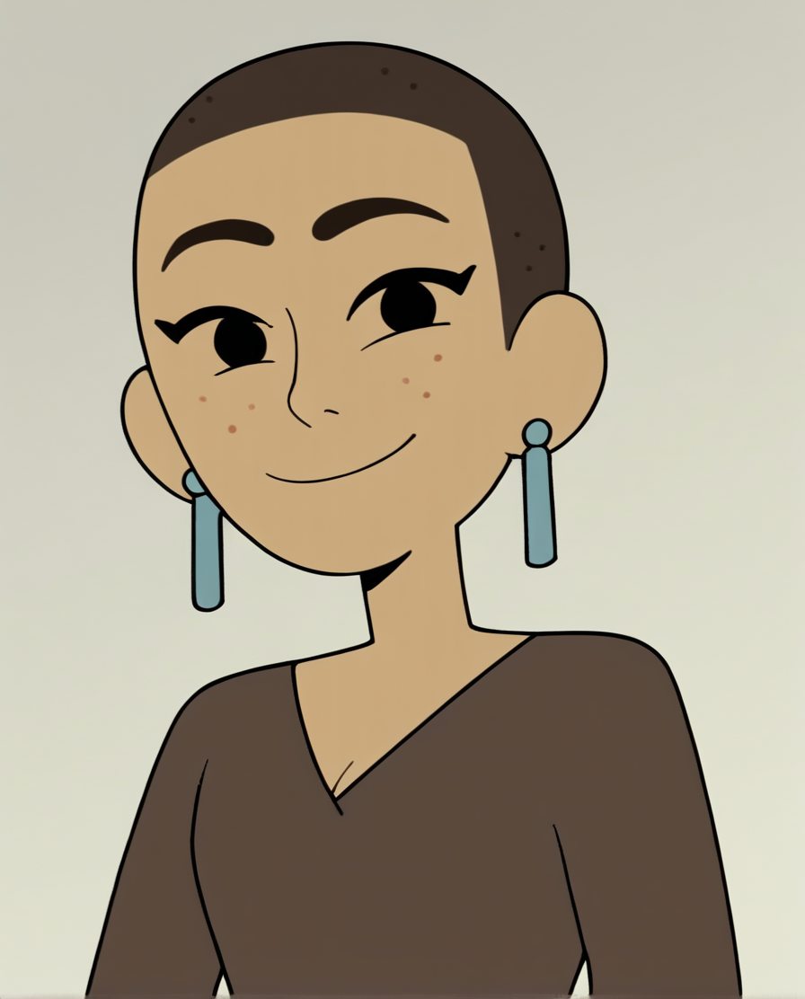 <lora:KatCOTCpony:0.9> kat,upper body, portrait,  earrings, solo, shirt, 1girl, very short hair, brown hair, smile, black eyes, long sleeves, pants,white background,  score_9, score_8_up, score_7_up, score_6_up, score_5_up, score_4_up, looking at viewer,
