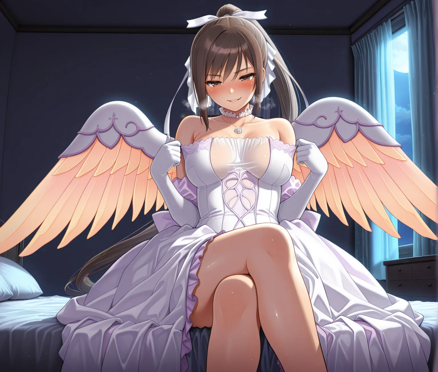 <lora:Maxima:1>,maxima,solo,brown hair,very long hair,breasts,brown eyes,ponytail,hair ribbon,medium breasts,indoors,bridal outfit,wings,necklace,covered cleavage,cowboy shot,crossed legs,moonlight,darkness,naughty_face,teasing,heavy breathing,steaming body,blush,bedroom,bed,curtains,clothes pull,bare shoulders,frilled collar,, masterpiece,best quality,amazing quality, very aesthetic, absurdres,detailed eyes,ultra-detailed,