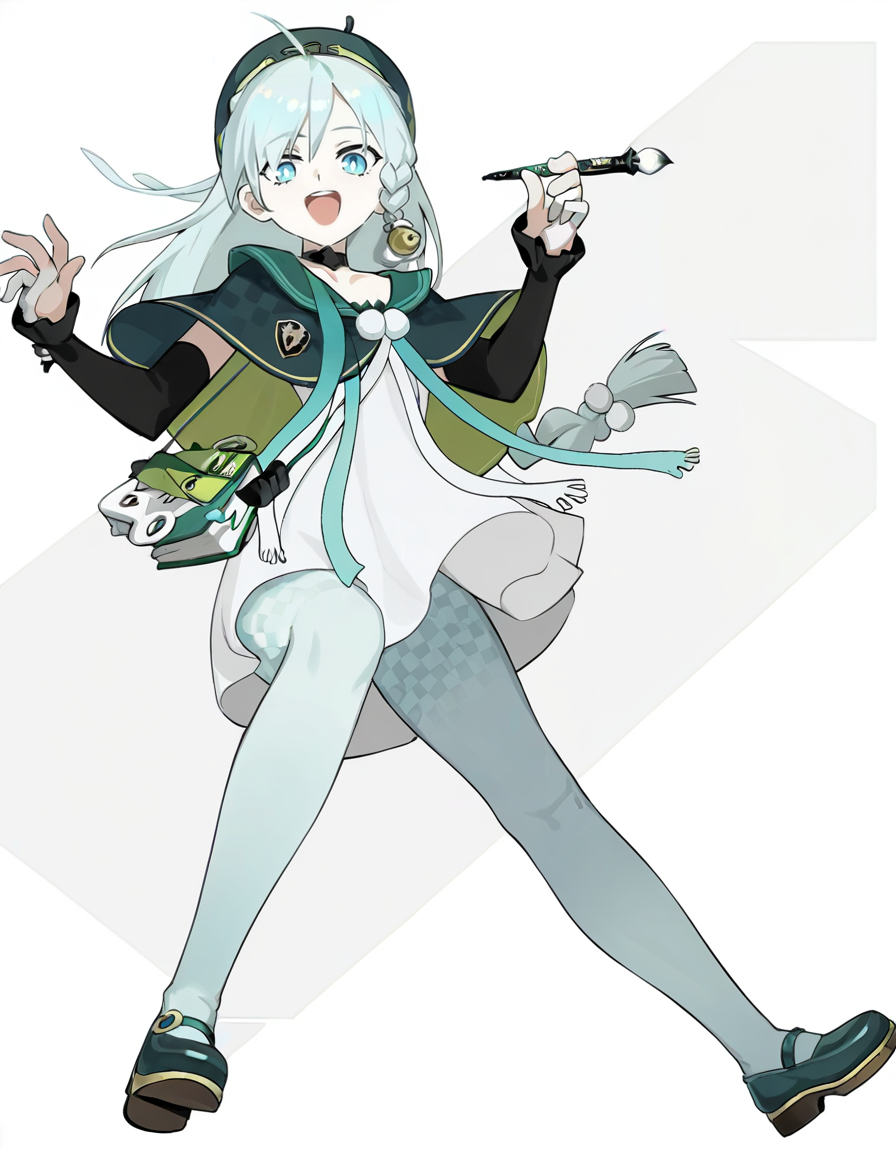yuebai01,anotherstyle2,1girl,solo,long hair,holding,full body,open mouth,dress,paintbrush,braid,blue eyes,green headwear,white dress,pantyhose,long sleeves,white background,looking at viewer,hat,beret,smile,:d,green jacket,shoes,holding paintbrush,
<lora:yuebai_noob:1>,masterpiece,best quality,very aesthetic,absurdres,