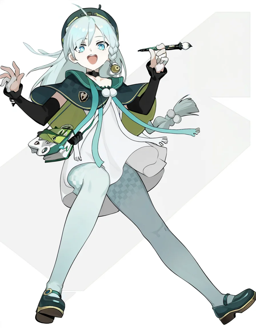 yuebai01,anotherstyle2,1girl,solo,long hair,holding,full body,open mouth,dress,paintbrush,braid,blue eyes,green headwear,white dress,pantyhose,long sleeves,white background,looking at viewer,hat,beret,smile,:d,green jacket,shoes,holding paintbrush,
<lora:yuebai_noob:1>,masterpiece,best quality,very aesthetic,absurdres,