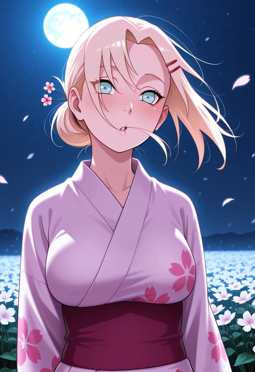 (((hair blowing in wind:1.5))), hand in hair, perfect eyes, beautiful face, cute, ambient lighting, (night), ((((masterpeice, high quality, absurdres,  best quality, very aesthetic)))),  ((moonlight:1.9)), ((night:1.9)), in a field of flowers, cherry blossoms in the wind, 
sensual, seductive, average breasts, slim waist, yamanaka ino, (naruto),  (in a purple and pink yukata with a flower design), Sakurakyd,KarakishiYouhei-danPonybyRR, by Karakishi Youhei-dan, hair tied up, (cherry blossom hairpin), wrnchgchan,