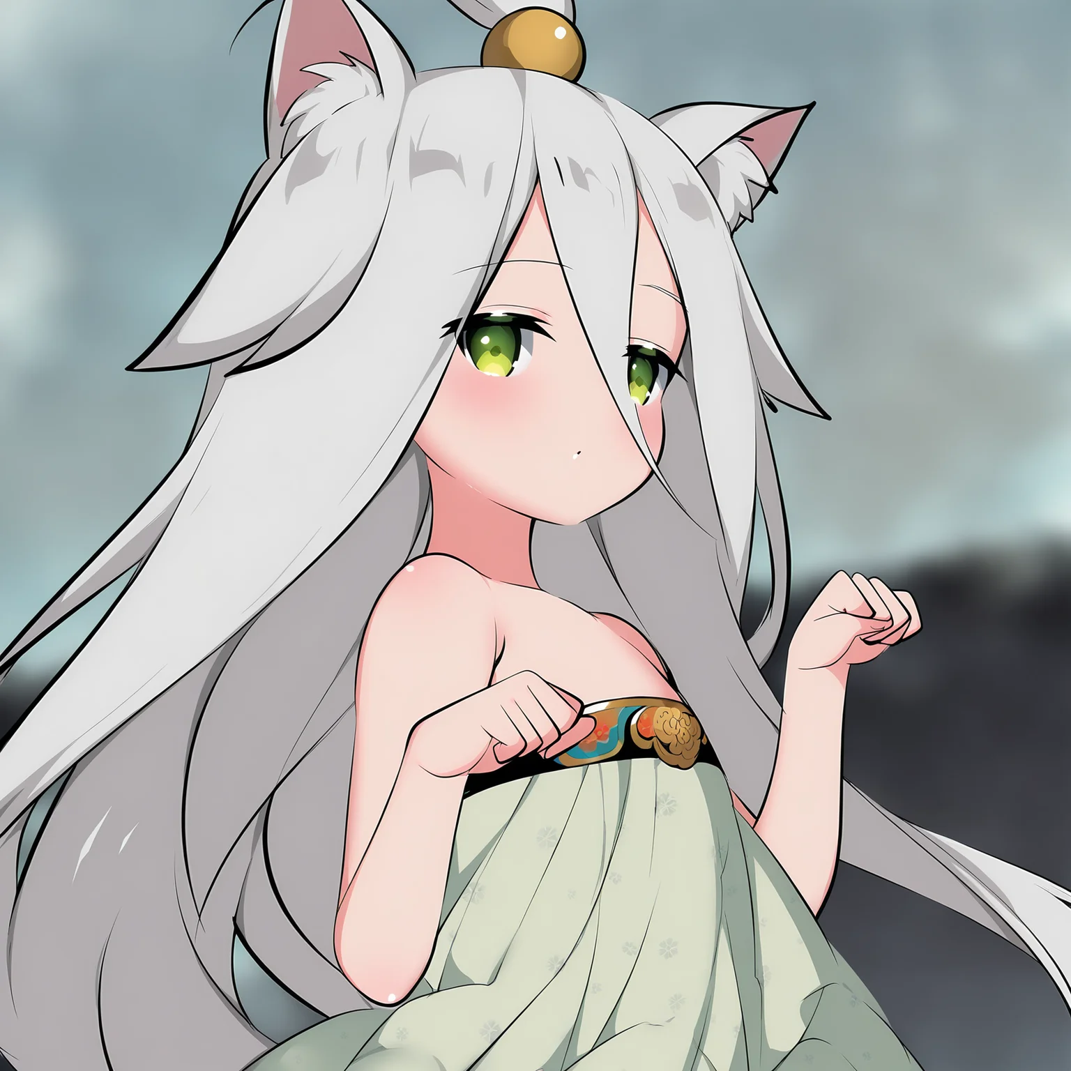 masterpiece,best quality,newest,absurdres,highres,<lora:noobai_ep11_stabilizer_v0.138_fp16:1>,murong_yuzhuo,<lora:Murong_Yuzhuo_v1:1>,green eyes,white hair,dress,cat ears,paw pose,