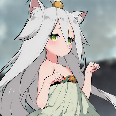 masterpiece,best quality,newest,absurdres,highres,<lora:noobai_ep11_stabilizer_v0.138_fp16:1>,murong_yuzhuo,<lora:Murong_Yuzhuo_v1:1>,green eyes,white hair,dress,cat ears,paw pose,