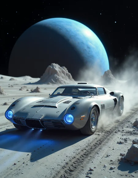 ck-70scf. A sleek, silver sports car with glowing neon blue accents, hurtling across the dusty lunar surface. The car's tires leave deep tracks in the fine, grey regolith. The Earth hangs large and blue in the distant sky, a stark contrast to the black, cratered landscape. The car's headlights illuminate the surrounding dust, creating a hazy, ethereal glow. The vehicle's design is aerodynamic and angular, with sharp lines and a low profile. The scene is captured in a dynamic, action-packed style with a sense of speed and motion.