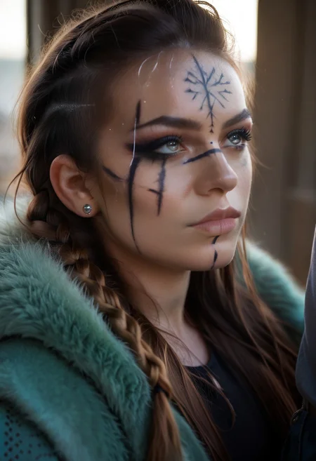 score_9, score_8_up, score_7_up, 
w1k1ngm4k2up, wikingmakeup, wiking makeup, 1girl, solo, long hair, brown hair, black hair, 1boy, jewelry, closed mouth, upper body, braid, male focus, earrings, black eyes, lips, looking to the side, tattoo, scar, facial mark, looking away, piercing, realistic, dark, facepaint