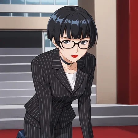<lora:Yuka_pony_v1:.7> YukaPurpleShirt, 1girl, solo, short hair, black hair, makeup, lipstick, black eyes, blunt bangs,  cowboy shot,  <lora:0856 OL professional suit skirt 1_v1_pony:1> ruanyi0856,striped jacket,choker,black pantyhose,striped skirt,glasses,black skirt,pinstripe pattern