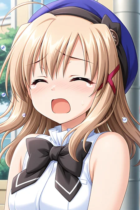 masterpiece, best quality, absurdres, official art, official style, general BREAK <lora:komatsuasuka_IL_v1-2:0.7>, komatsu asuka, 1girl, solo, purple eyes, light brown hair, long hair, hair between eyes, messy hair, x hair ornament, school uniform, beret, blue headwear, hat ribbon, black ribbon, sleeveless shirt, frilled shirt collar, bare arms, black bowtie, white sleeveless, upper body, close-up, portrait, outdoors, day,
blush, :o, bare shoulders, closed eyes, facing viewer, open mouth, raised eyebrows, teardrop, upset