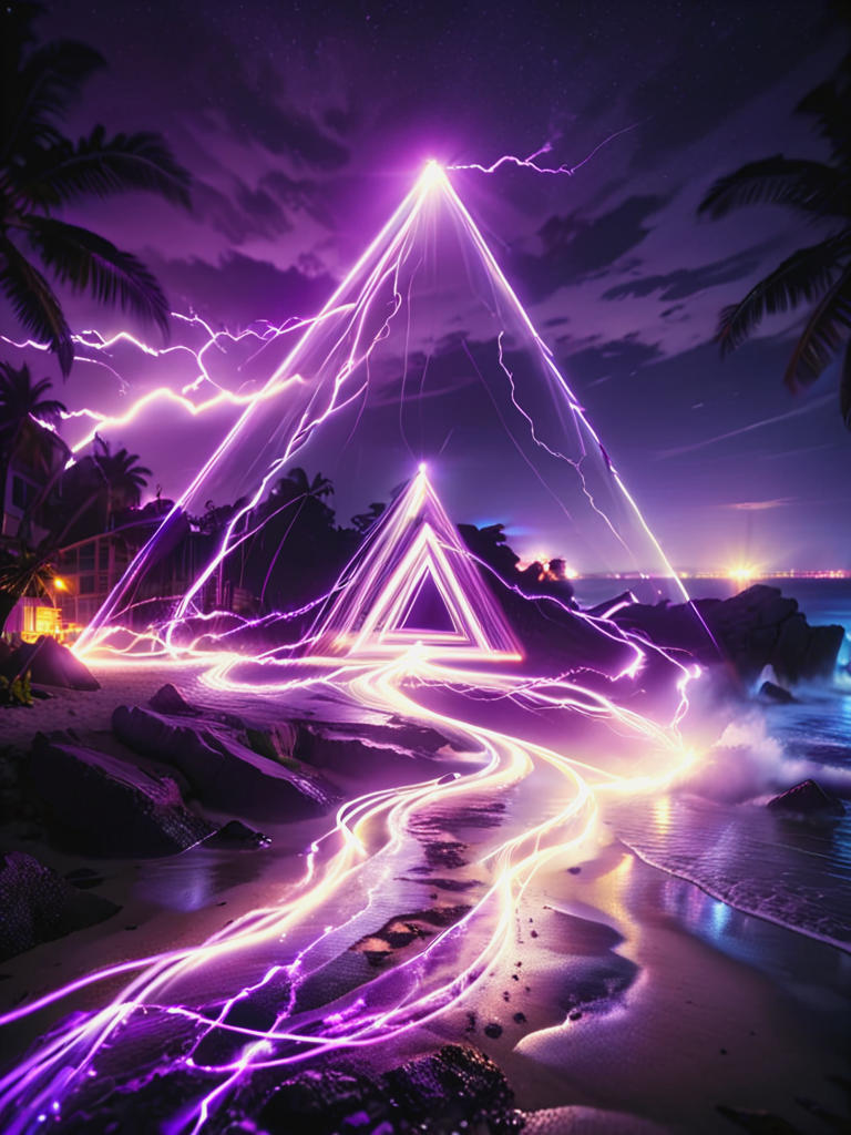 ral-exposure, Long exposure photo of artistic purple  light trails ,  triangle silhouette  ,  light photography , beach on the background,  lightning  . Blurred motion, streaks of light, surreal, dreamy, ghosting effect, highly detailed <lora:ral-exposure-sdxl:1>