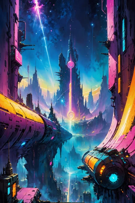 skyline of a dense and sprawling city on a junkworld, cyberpunk, night, neon signs, spotlights, hologram,smoke, magenta, teal and yelelow neon lights, glowing, ethereal light,starry sky, bustling, cosmic hues, vibrant colors, watercolor style, surreal lighting, futuristic motifs, vivid colors, detailed digital art <lora:Painted World-000006:0.7> painted world, colorful splashes<lora:EnvyJunkworldXL01:0.8> <lora:John Berkey Style:1> John Berkey Style page, (masterpiece:1.2), best quality, (hyperdetailed, highest detailed:1.2), high resolution textures, <lora:EnvyBetterHiresFixXL01:1>