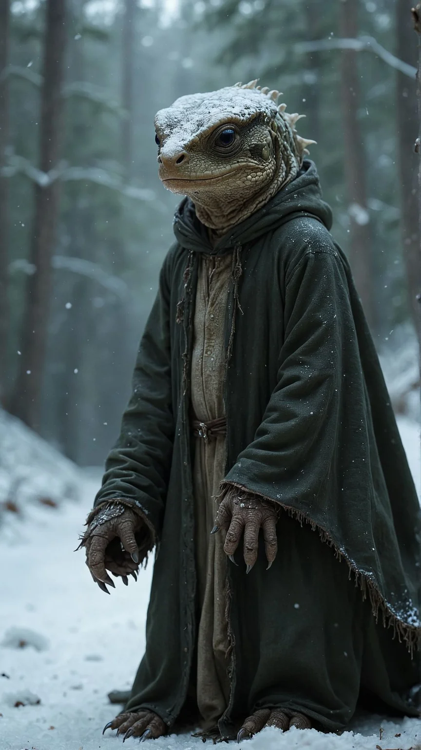 A visually striking image of a hybrid reptile and human, anthropomorphic in a snowy background, seamlessly blending scales and skin with piercing eyes that reflect the soul of both worlds. This creature stands majestically, draped in a cloak made of woven frost, its breath visible in the cold air, surrounded by a pristine, untouched snowscape that sparkles under the moonlight. The scene is imbued with a sense of mystery and awe, captured through the lens of a Nikon D850 at a low angle to emphasize the imposing stature of the hybrid against the vast, silent winter night. The composition focuses on the fusion of natural and fantastical elements, suggesting an untold story of survival and adaptation, with a setting that feels both alien and familiar
, <lora:aidmaFluxStyleXL-v0.2:0.7>
<lora:aidma-Image Upgrader-v0.1:0.35>
