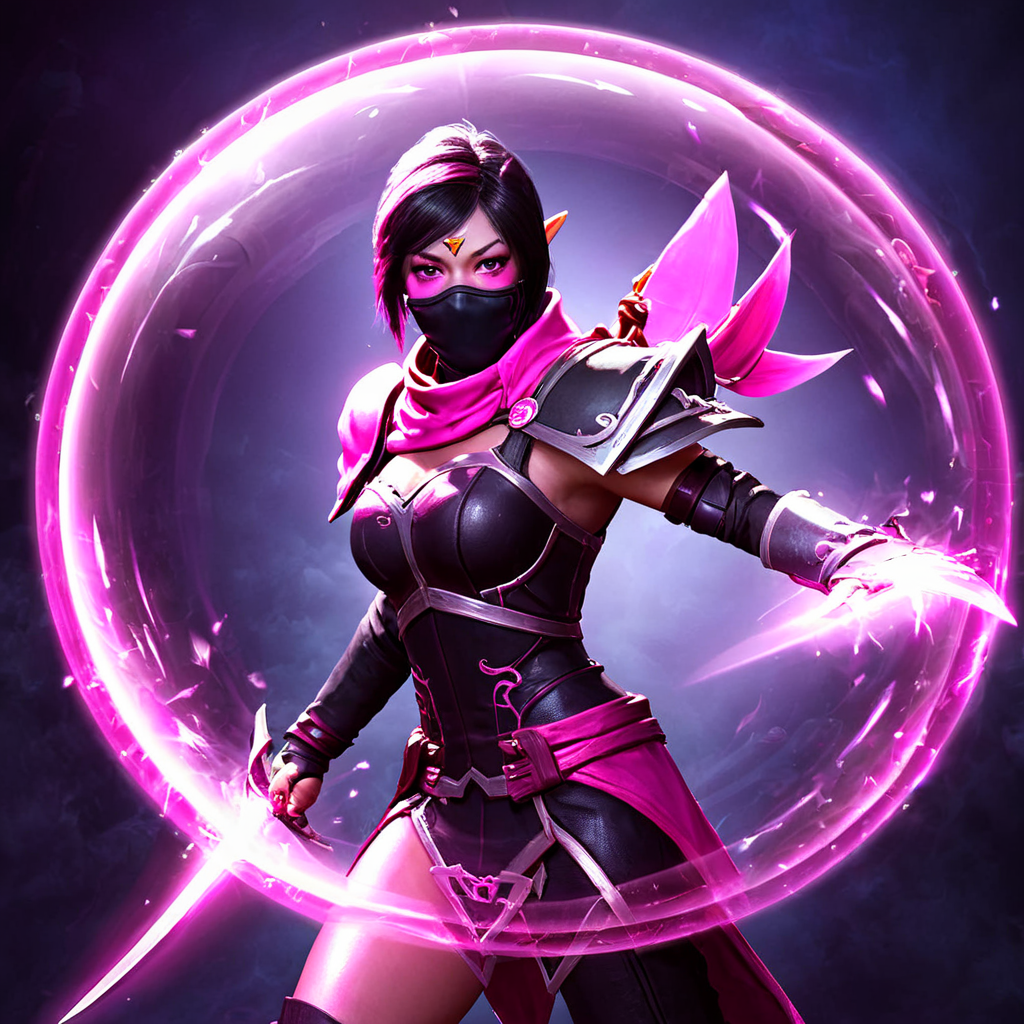 1girl, TemplarAssassin <lora:Templar Assassin SDXL:.7>, pink blades, glowing, full bubble shield