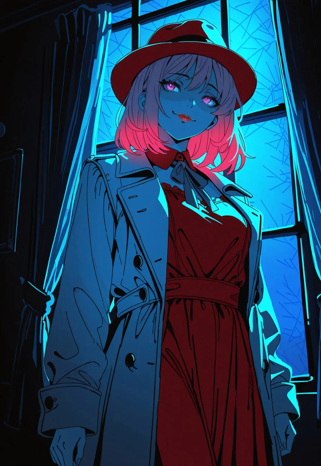 (masterpiece), best quality, amazing quality, very aesthetic, absurdres, newest, cowboy shot, ((monochrome)), mfcolor, sketch style, monochrome, spot color, solo, off-center, woman, CivChan, purple eyes, pink hair, crooked sultry smile, bright red lips, red dress, tilted gray fedora, long gray trench coat, artistic film noir style background, interior, backlighting, accentuating the dramatic shadows, evocative and mysterious, background of long window curtains, volumetric lighting, cinematic lighting. <lora:CivChan:1> <lora:lightingSlider:-.5> dark, late night, blue hour <lora:MF color style IL:.8>