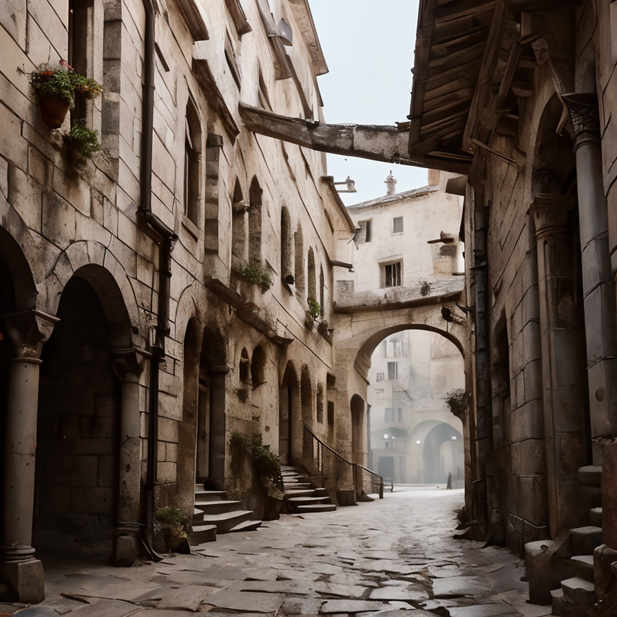 RAW photo, (masterpiece:1.3), subsurface scattering, heavy shadow, (high quality:1.4), (intricate, high detail:1.2), professional photography, HDR, High Dynamic Range, realistic, ultra realistic, photorealistic, high resolution, film photography, ambient lighting, atmospheric effects, <lora:detail_slider_v4:2>, OverallDetail, a narrow alley with stairs in the medieval city of Numenor, <lora:Numenor:1>, epiCPhoto