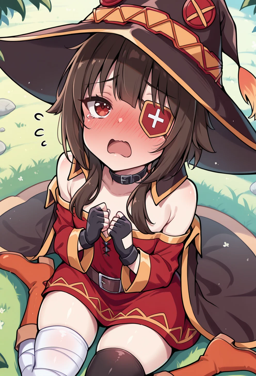 masterpiece, best quality, high quality, anime, <lora:AEMeguminIlx:1>AEMegumindef, red eyes, Brown hair, Belt choker, red dress, off-shoulder dress, Black gloves, fingerless gloves, Belt, mismatched legwear, asymmetrical legwear, bandaged leg, black thighhighs, knee boots, hat, eyepatch, Black cape,
full-face blush, wariza, sitting, open mouth, looking up, from above, tearing up, outdoors,