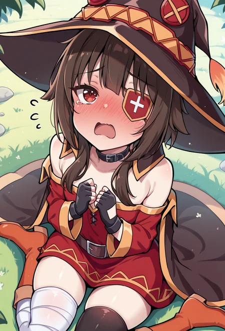 masterpiece, best quality, high quality, anime, <lora:AEMeguminIlx:1>AEMegumindef, red eyes, Brown hair, Belt choker, red dress, off-shoulder dress, Black gloves, fingerless gloves, Belt, mismatched legwear, asymmetrical legwear, bandaged leg, black thighhighs, knee boots, hat, eyepatch, Black cape,
full-face blush, wariza, sitting, open mouth, looking up, from above, tearing up, outdoors,