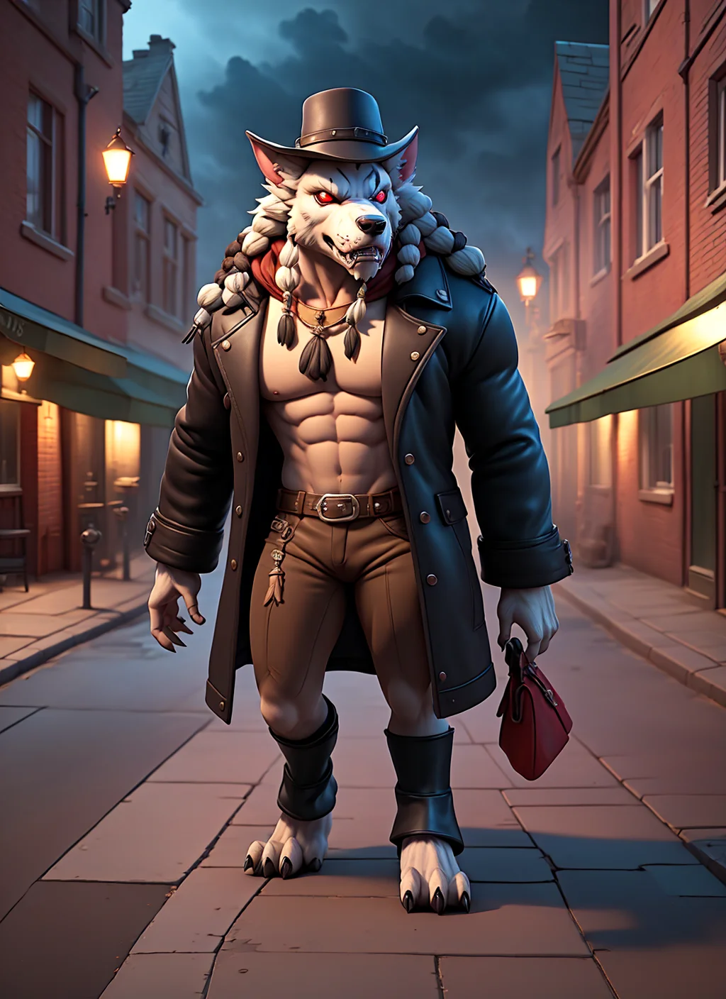 (masterpiece),(best quality),(ultra-detailed), (full body:1.2),
1boy, chibi, cowboy shot of heworg, muscular, black fur, braids, hat, long leather coat, red eyes, glowing eyes, victorian town outdoors, dark atmosphere, volumetric lighting, best quality, masterpiece, realistic <lora:sxzWorgensWarcraft_sxzWorgen:0.7> <lora:blindbox_V1Mix:1>