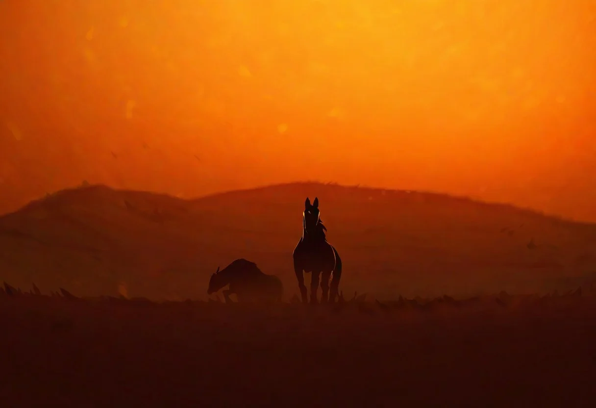 , masterpiece, best quality, newest, absurdres, highres,detailed, horse, dramatic light, orange filter, plains, horror movie