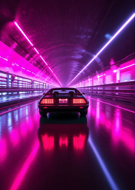 <lora:ck-Neon-Retrowave:1>, ck-nw, in the style of ck-nw, action shot of a DMC-12 car driving through a tunnel