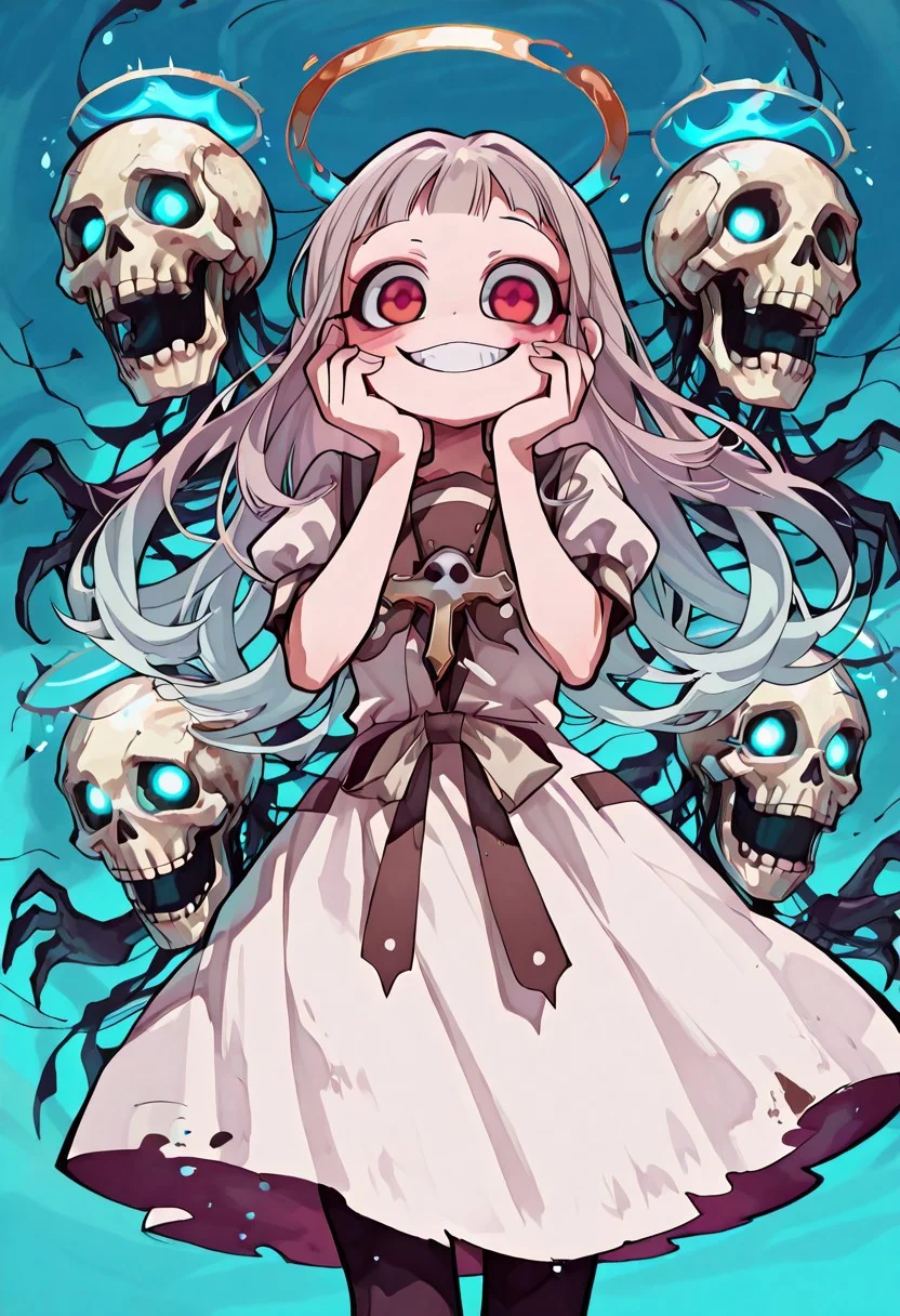 masterpiece, newest, incredibly absurdres, highres, ,3Y3S_illu,toon \(style\),traditional media,1girl, smile, solo, hands on own face, nene-default,yashiro nene,red eyes,grey hair,gradient hair,long hair,white dress,brown sailor collar,puffy short sleeves,black pantyhose,uwabaki, halo, bangs, hands on own cheeks, looking at viewer, grin, long sleeves, aqua background, cross necklace, jewelry, blunt bangs, necklace, skull, upper body,glowing,