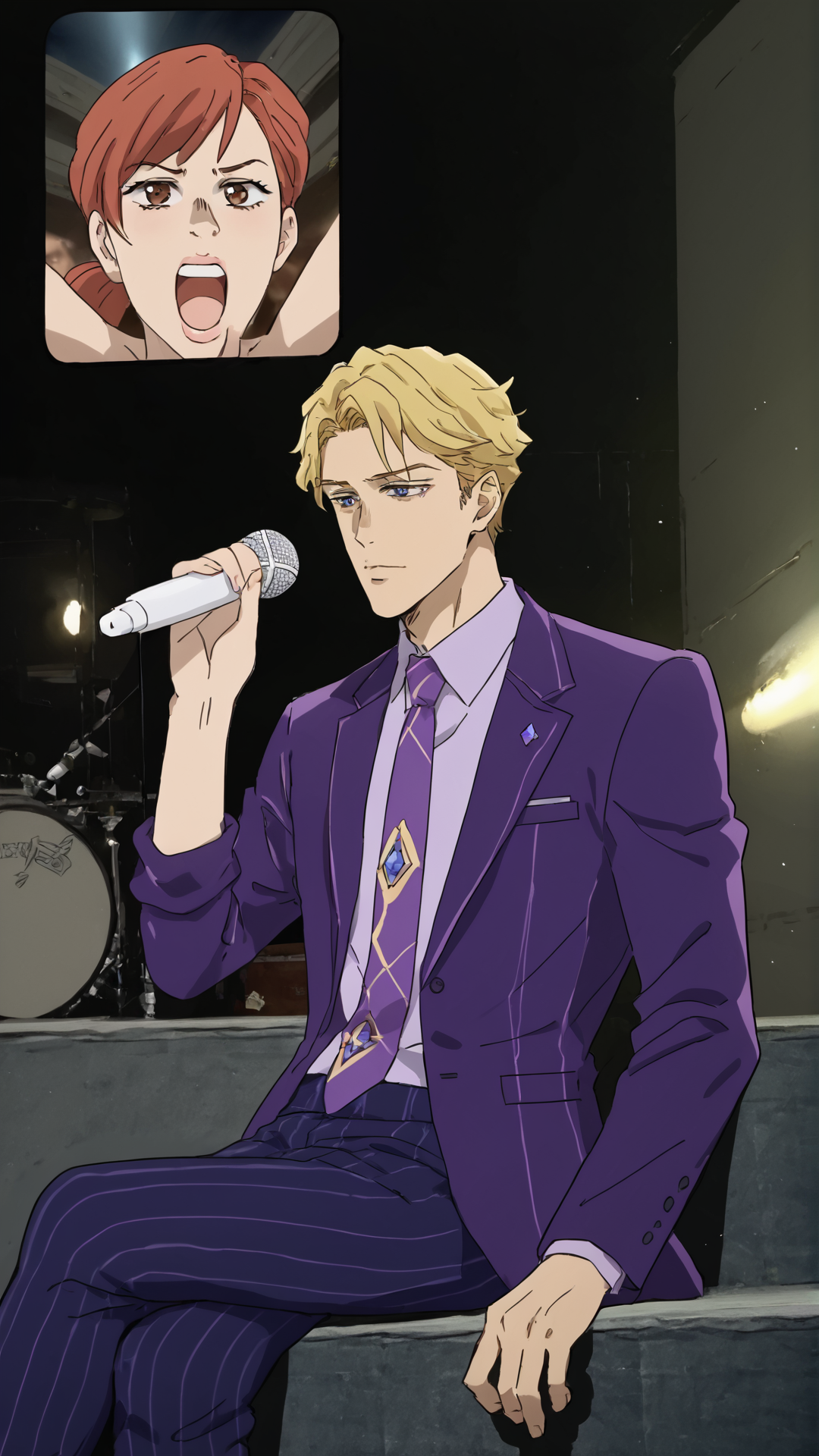 <lora:FanScreamingAtMadisonBeer_XLPD:1> FanScreamingMeme, open mouth, sitting, music, crossed legs, holding microphone, singing, screen, phone, <lora:ShinobuSDXL:0.7> shinobu kawajiri, 1girl, solo, brown eyes, red hair, ponytail, white knitted sweater, ribbed sweater, rolled up sleeves, cleavage, collarbone, midriff, navel, green skirt, miniskirt, polka dot pattern skirt, lips, lipstick, BREAK, Kira Yoshikage, Yoshikage kira, diamond wa kudakenai, blonde hair, 1boy, purple suit, formal, necktie, solo, score 9, score 8 up, score 7 up, score 6 up, score 5 up, score 4 up,